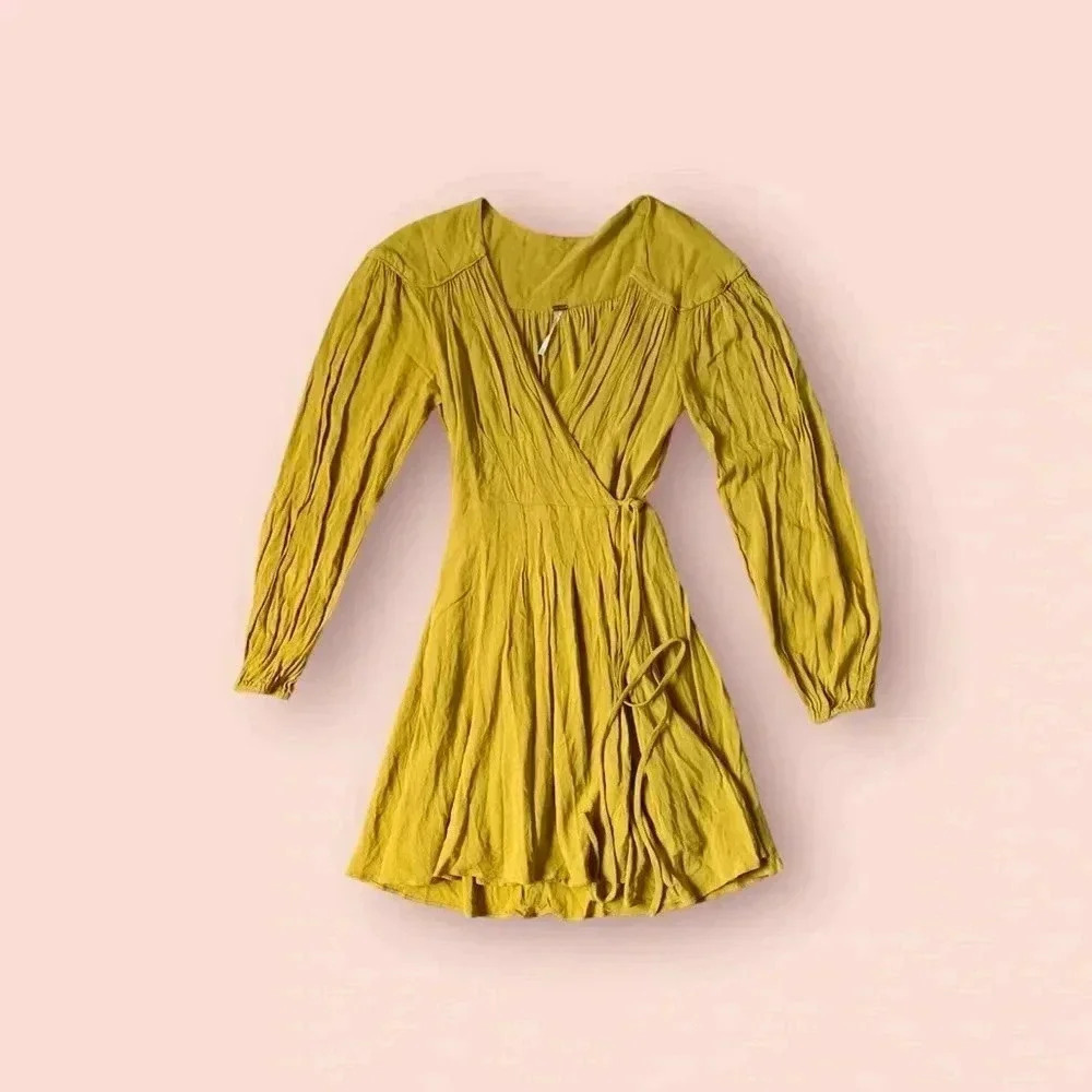 Yellow free people long sleeve wrap around mini dress size xs - Picture 2 of 12